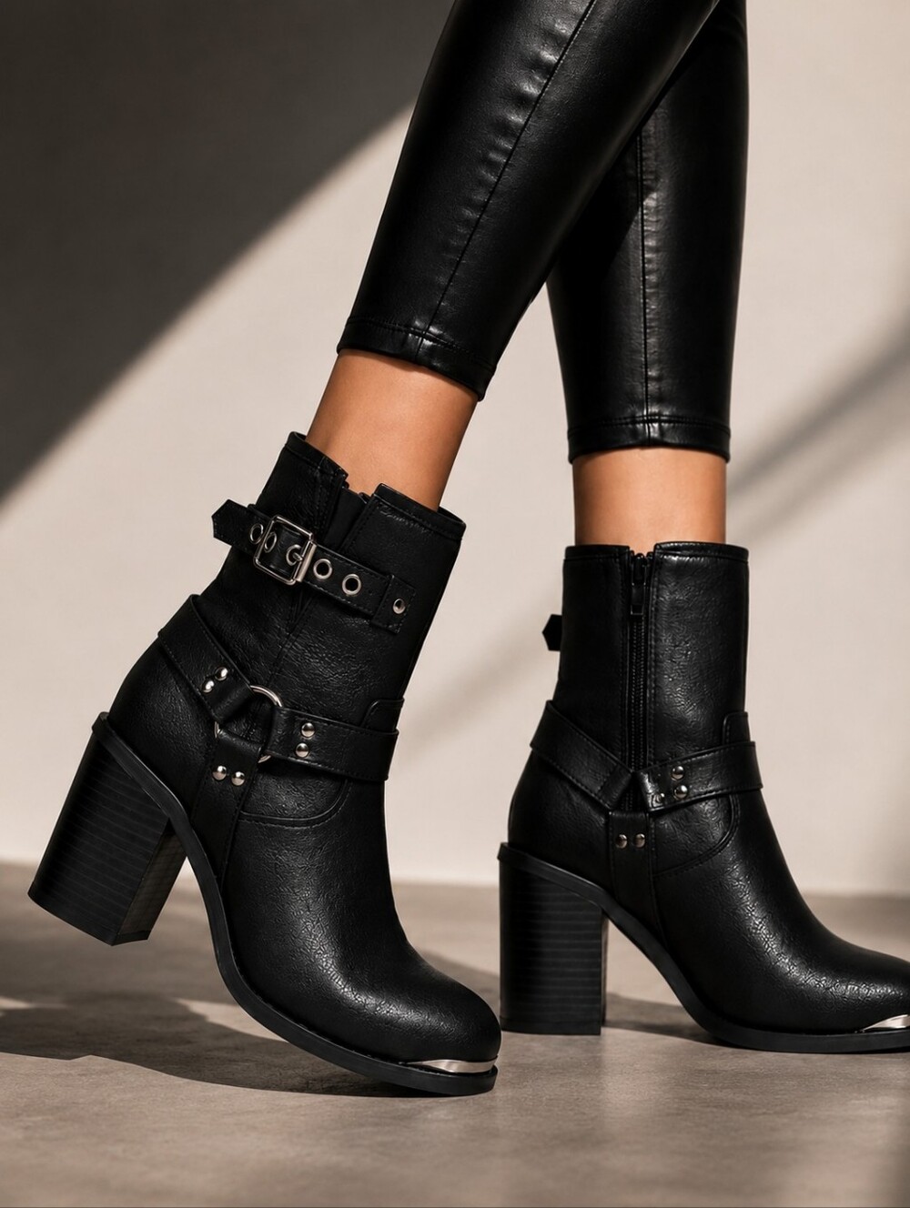 MOTO BOOTS Silver Harness Black Boots WOMENS 6.5 Jeffrey Campbell Aesthetic